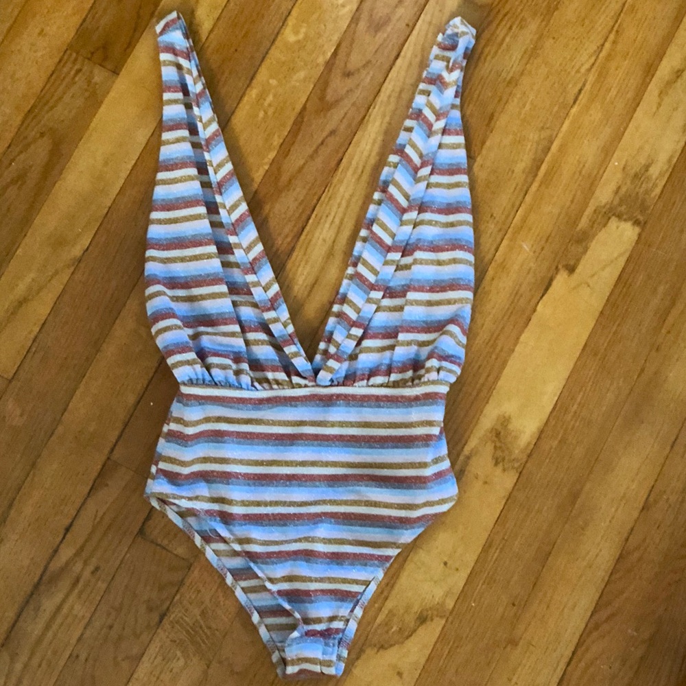 Plunge Bodysuit with Stripes & Sparkles
